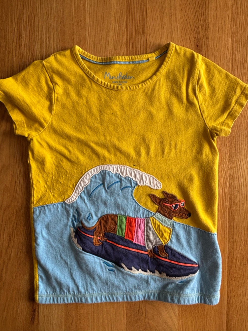 Mini Boden Yellow Short Sleeve Tee with Surfing Dog Appliqué